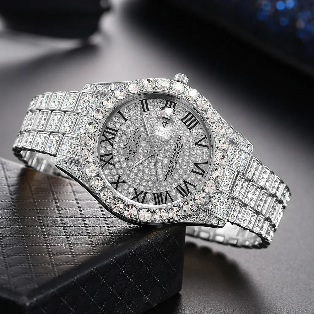 Classic Luxury Golden Men's Steel Strap Roman Scale Rhinestone Calendar Quartz Watch Fashion Male Wristwatch Relogio Masculino