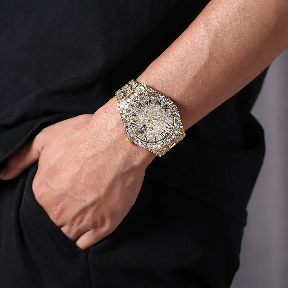 Classic Luxury Golden Men's Steel Strap Roman Scale Rhinestone Calendar Quartz Watch Fashion Male Wristwatch Relogio Masculino