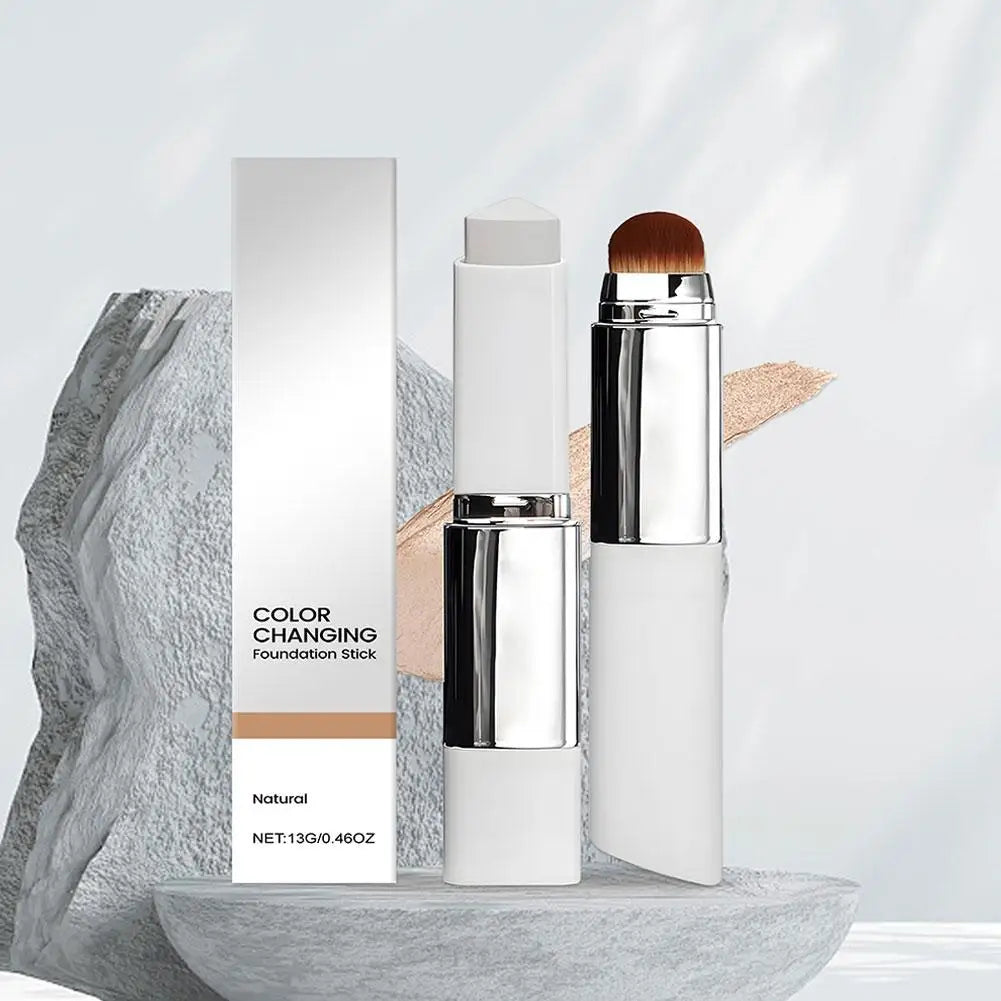 Color-Changing Foundation Stick With Detachable Brush 2-in-1 Multifunctional Lightweight Brighten Matte Foundation Base Makeup