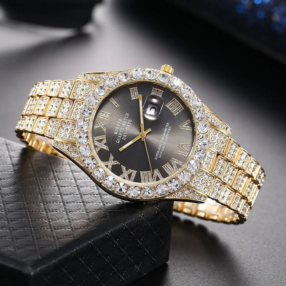 Classic Luxury Golden Men's Steel Strap Roman Scale Rhinestone Calendar Quartz Watch Fashion Male Wristwatch Relogio Masculino
