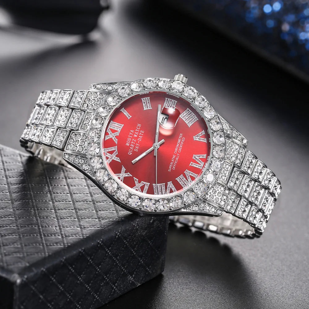 Classic Luxury Golden Men's Steel Strap Roman Scale Rhinestone Calendar Quartz Watch Fashion Male Wristwatch Relogio Masculino
