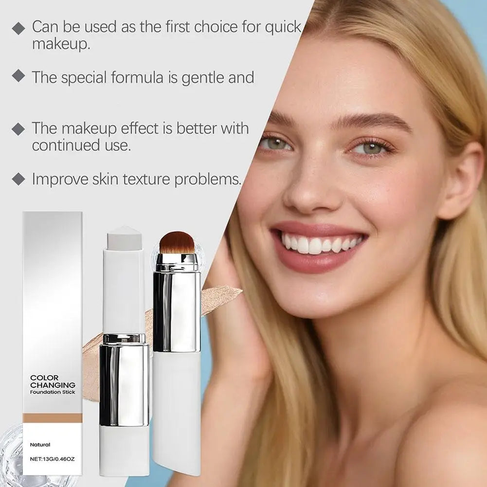 Color-Changing Foundation Stick With Detachable Brush 2-in-1 Multifunctional Lightweight Brighten Matte Foundation Base Makeup