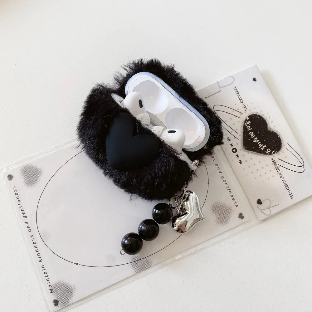 Cute Fluffy Heart Pattern Earbuds Case Cover for Apple AirPods Pro/1/2/3/4- Soft Plush Protective Sleeve for AirPods Accessories