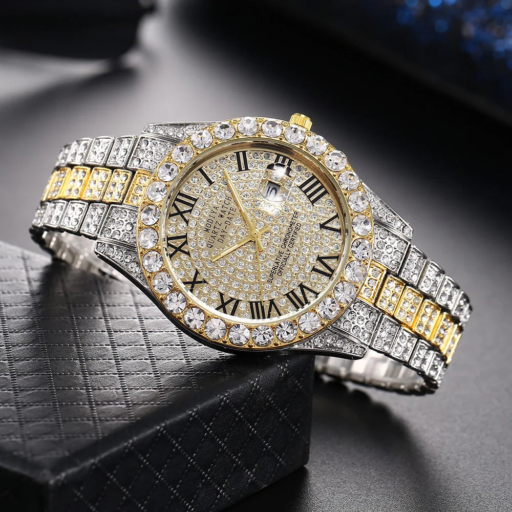Classic Luxury Golden Men's Steel Strap Roman Scale Rhinestone Calendar Quartz Watch Fashion Male Wristwatch Relogio Masculino