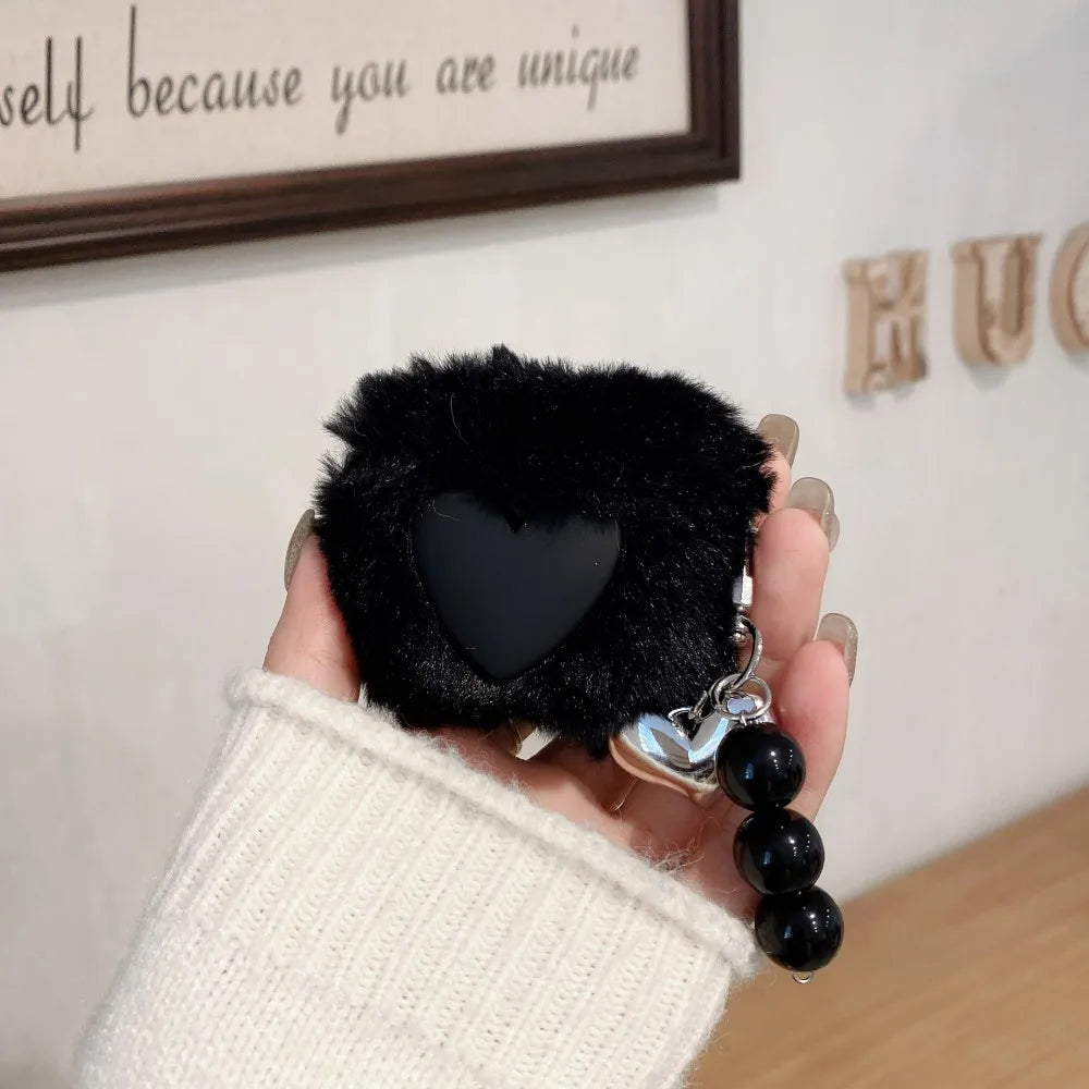 Cute Fluffy Heart Pattern Earbuds Case Cover for Apple AirPods Pro/1/2/3/4- Soft Plush Protective Sleeve for AirPods Accessories