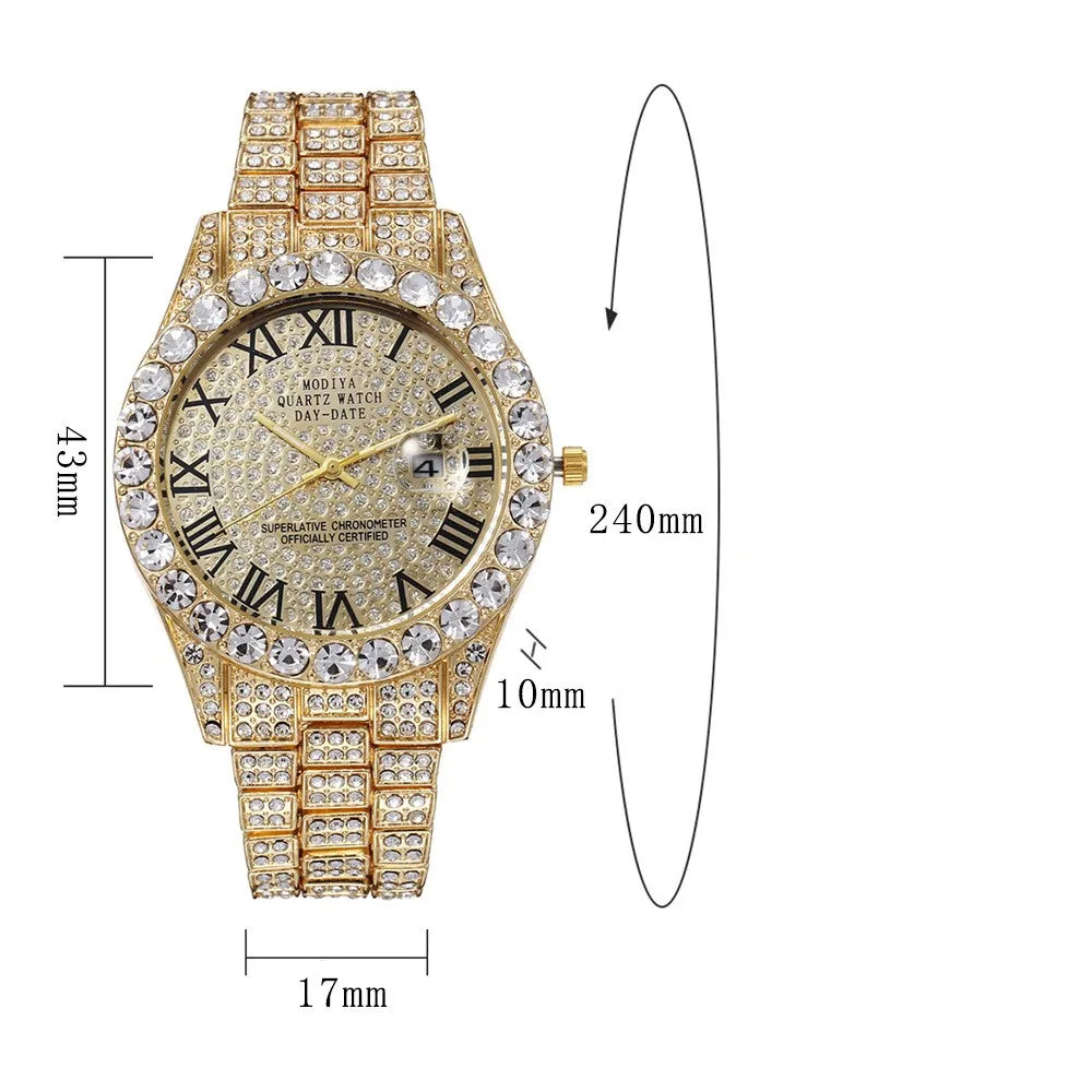 Classic Luxury Golden Men's Steel Strap Roman Scale Rhinestone Calendar Quartz Watch Fashion Male Wristwatch Relogio Masculino