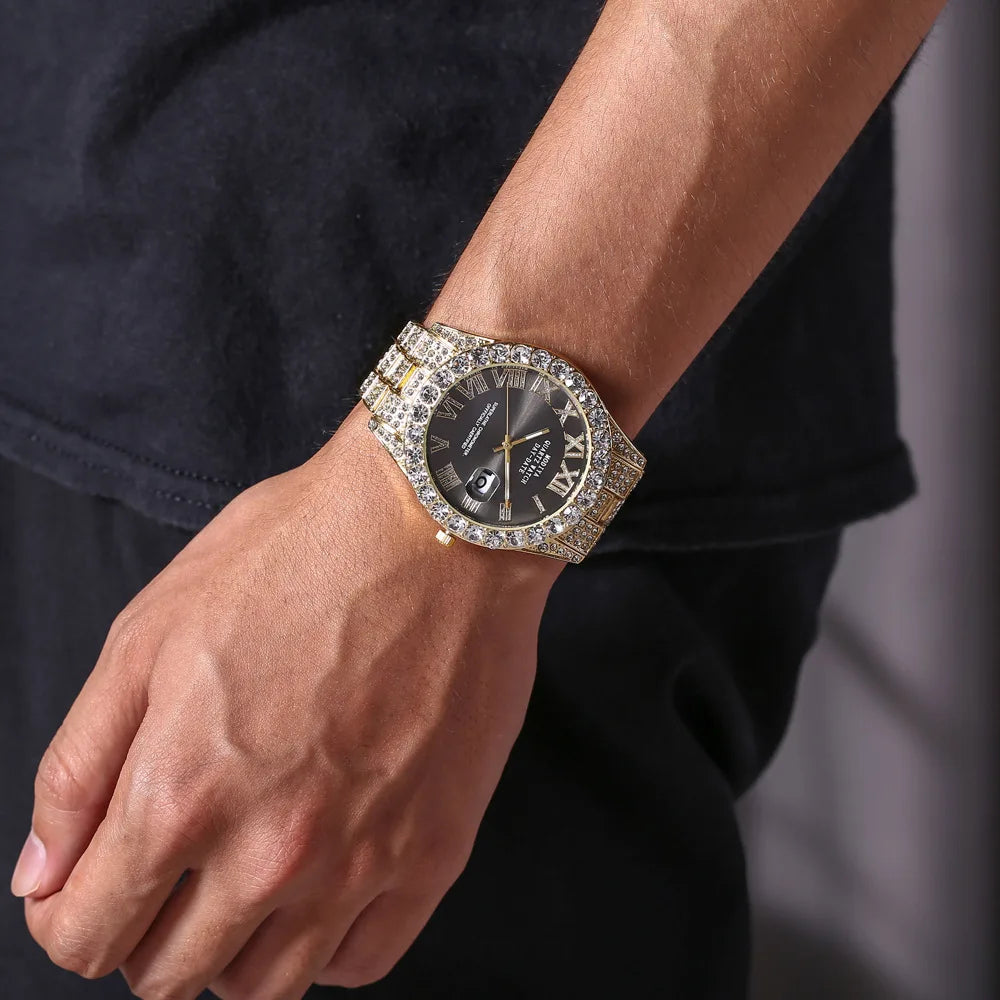 Classic Luxury Golden Men's Steel Strap Roman Scale Rhinestone Calendar Quartz Watch Fashion Male Wristwatch Relogio Masculino