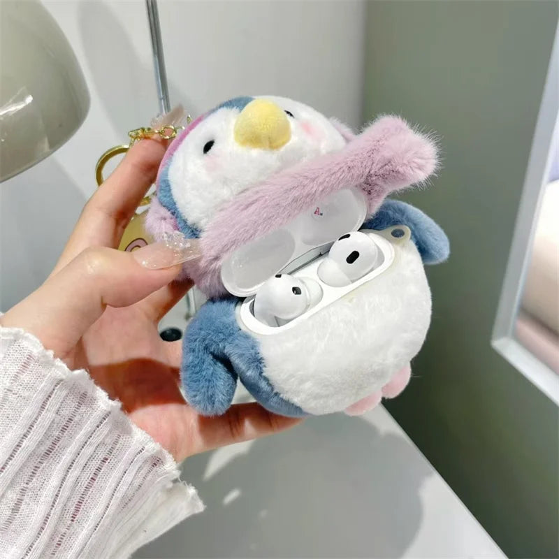 Funny Cute Plush Penguin Headphone Case For Apple Airpods 4 3 2 Pro Cover Kawaii Fur Fluffy Headset Cases for Airpod Pro2 Funda