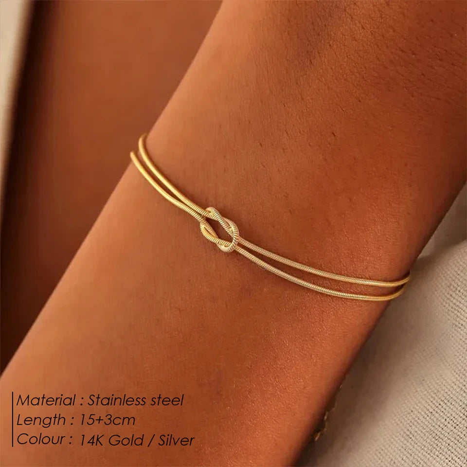 eManco Fashion High Quality Stainless Steel Gold Plated Couple Bracelets Classic Round Snake Chain Knotted Simple Accessories