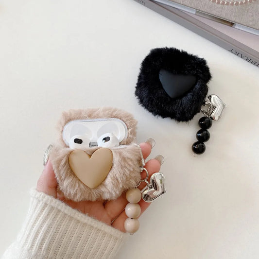 Cute Fluffy Heart Pattern Earbuds Case Cover for Apple AirPods Pro/1/2/3/4- Soft Plush Protective Sleeve for AirPods Accessories