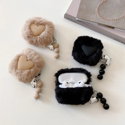 Cute Fluffy Heart Pattern Earbuds Case Cover for Apple AirPods Pro/1/2/3/4- Soft Plush Protective Sleeve for AirPods Accessories